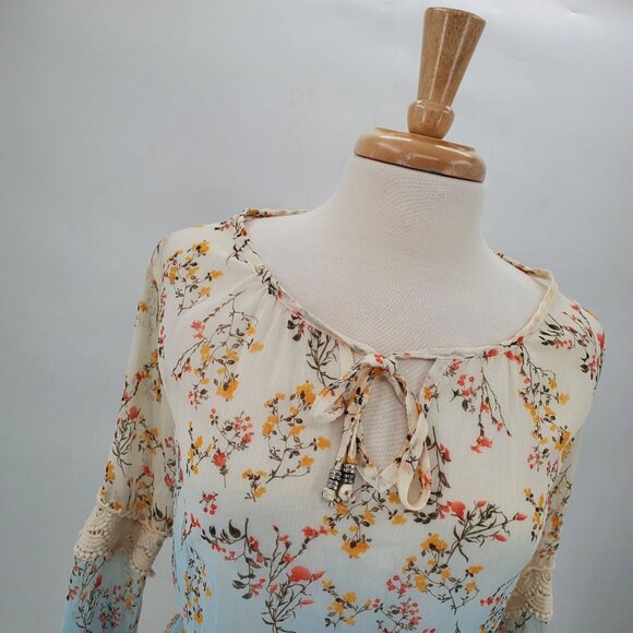 Rue21 Floral Crochet Boho Top S Sheer Long Sleeve Peasant Blouse Festival - Picture 5 of 16